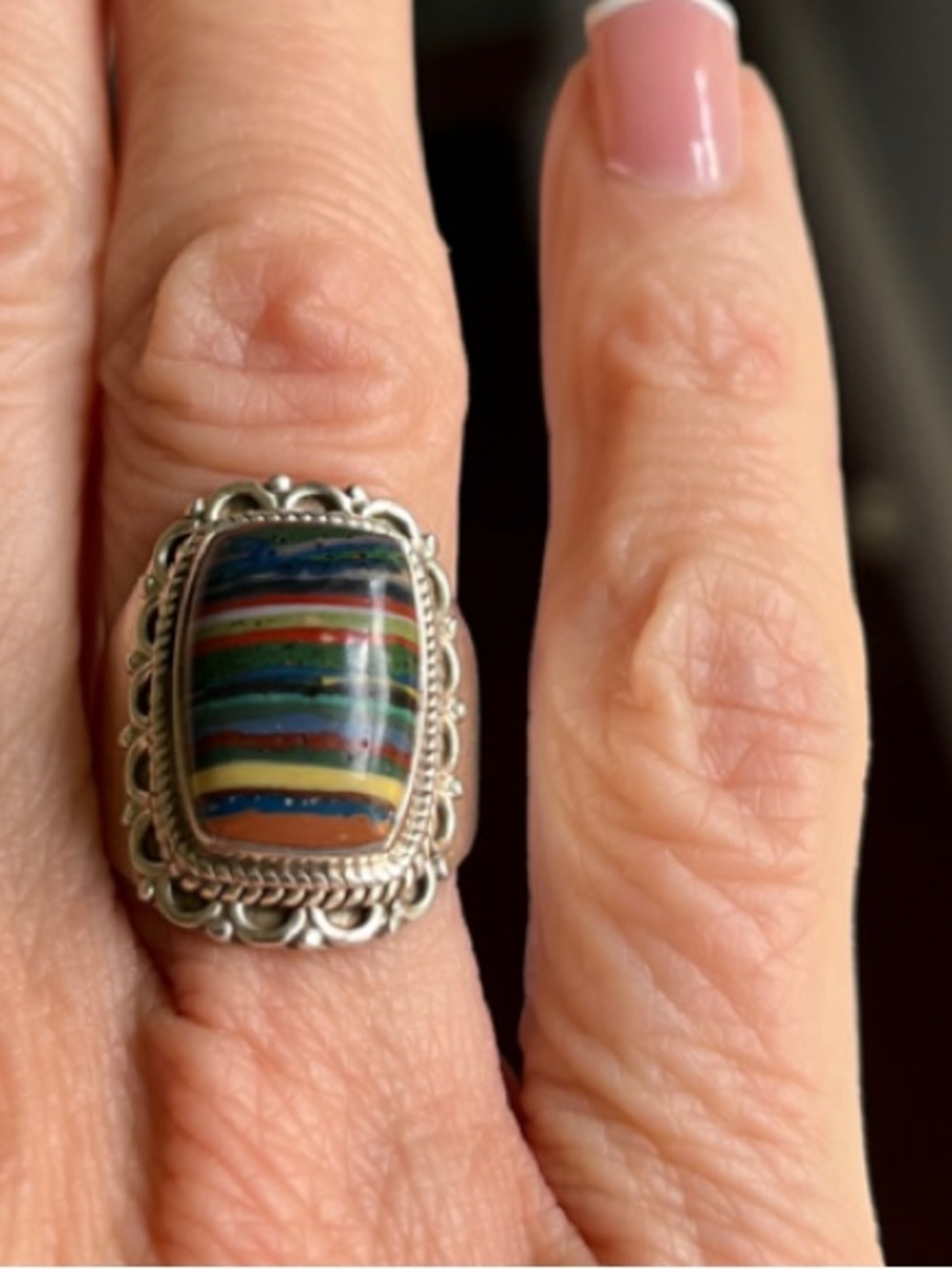 Rainbow Calsilica Sterling Silver Ring - Women Jewelry